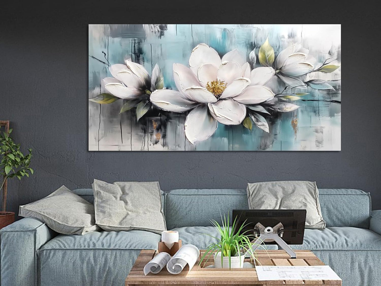 Ardemy Magnolia Wall Art for Living Room, Extra Large White Floral Canvas Wall Art Bedroom Painting Pictures Wall Decor Teal Flower Artwork for Walls Home Office Dining Room, 40"x20"