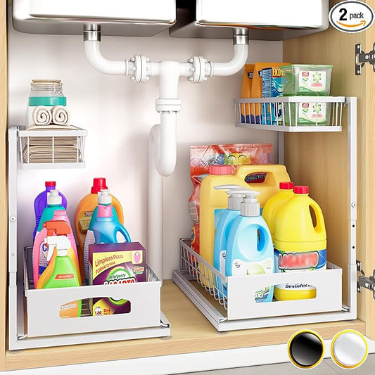 Under Sink Organizer, 2 Pack Height Adjustable Cabinet Organizer with Slide Out Drawer, Pull Out Under Sink Storage, Multi-Purpose 2 Tier Sink Shelves for Kitchen Bathroom Pantry (White, 2 Pack)