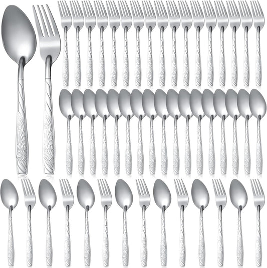 50 Pcs Forks and Spoons Silverware Set Stainless Steel Flatware Cutlery Set Heavy Duty Metal Spoons and Forks for Kitchen Utensil Dinner Restaurant Home, Mirror Polished, Dishwasher Safe(Flower)
