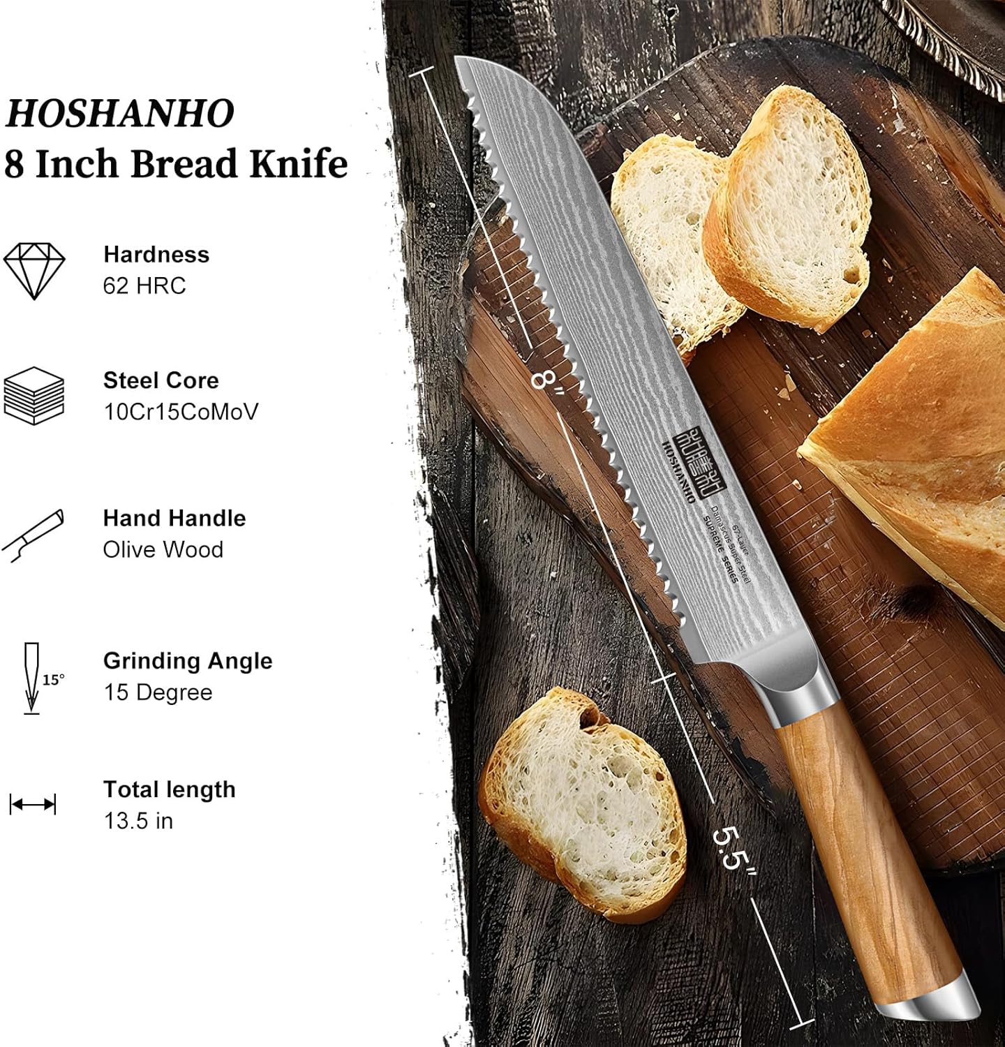 HOSHANHO Bread Knife 8 Inch, Damascus Steel Bread Kitchen Knife with Ergonomic Olive Wood Handle, Professional Ultra-Sharp Serrated Knife for Homemade Bread, Sourdough Bread Cutting