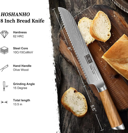 HOSHANHO Bread Knife 8 Inch, Damascus Steel Bread Kitchen Knife with Ergonomic Olive Wood Handle, Professional Ultra-Sharp Serrated Knife for Homemade Bread, Sourdough Bread Cutting