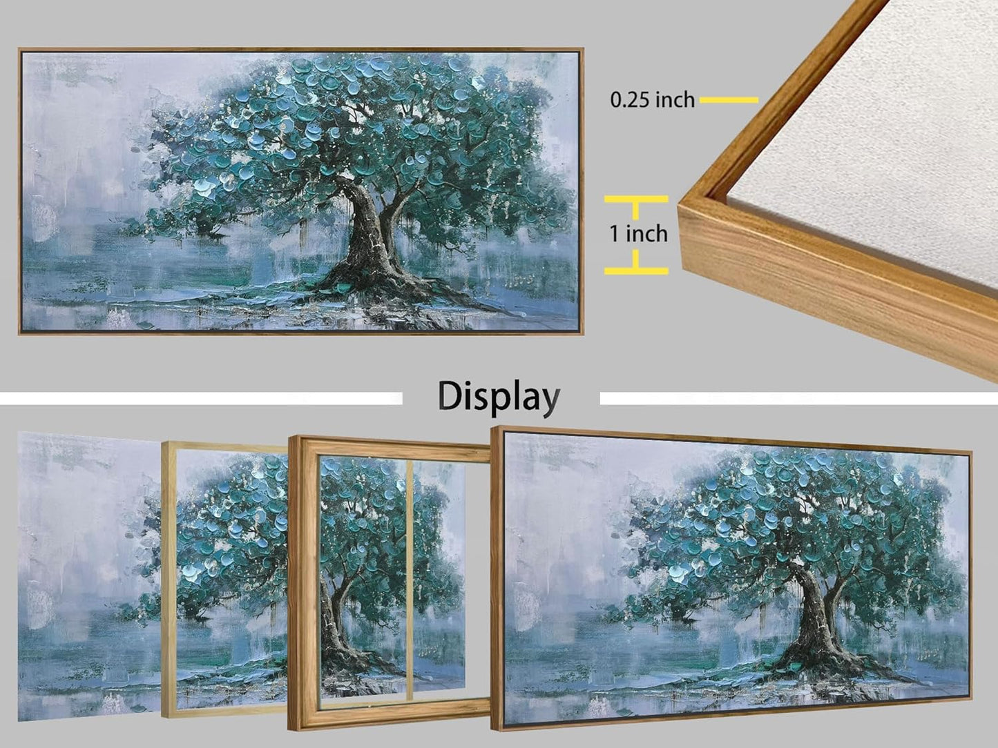 Ardemy Framed Tree Canvas Wall Art for Living Room Teal Tree of Life Landscape Bedroom Pictures Wall Decor Nature Paintings Artwork for Walls Home Office Dining Room Kitchen 58"x29"