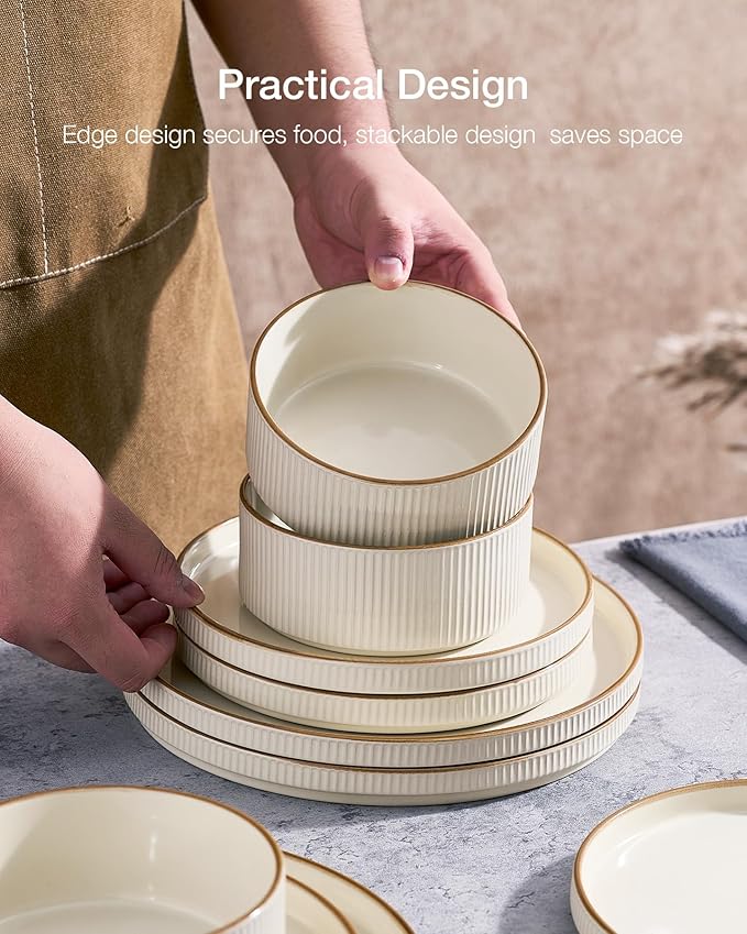 Famiware Star Dinnerware Set, Plates and Bowls Sets for 8 (24pcs), Ribbed Stoneware Dishes - Chip & Scratch Resistant, Microwave & Dishwasher Safe, Cream