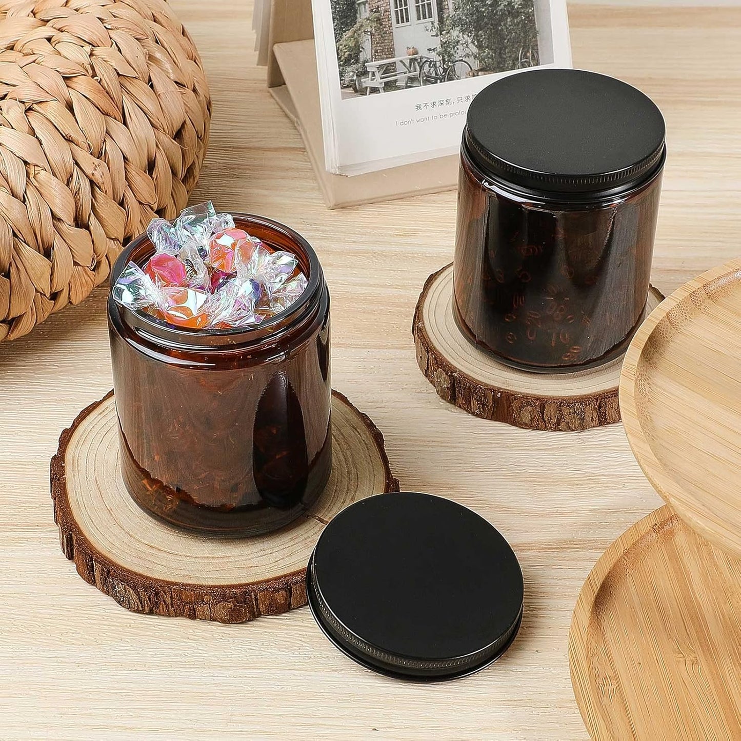Lallisa 32 Pcs 8 oz Amber Glass Jars with Black Lids Round Glass Cosmetic Jars with Lids Empty Amber Containers Refillable Food Storage Containers for Spice Powder Liquid Sample Makeup