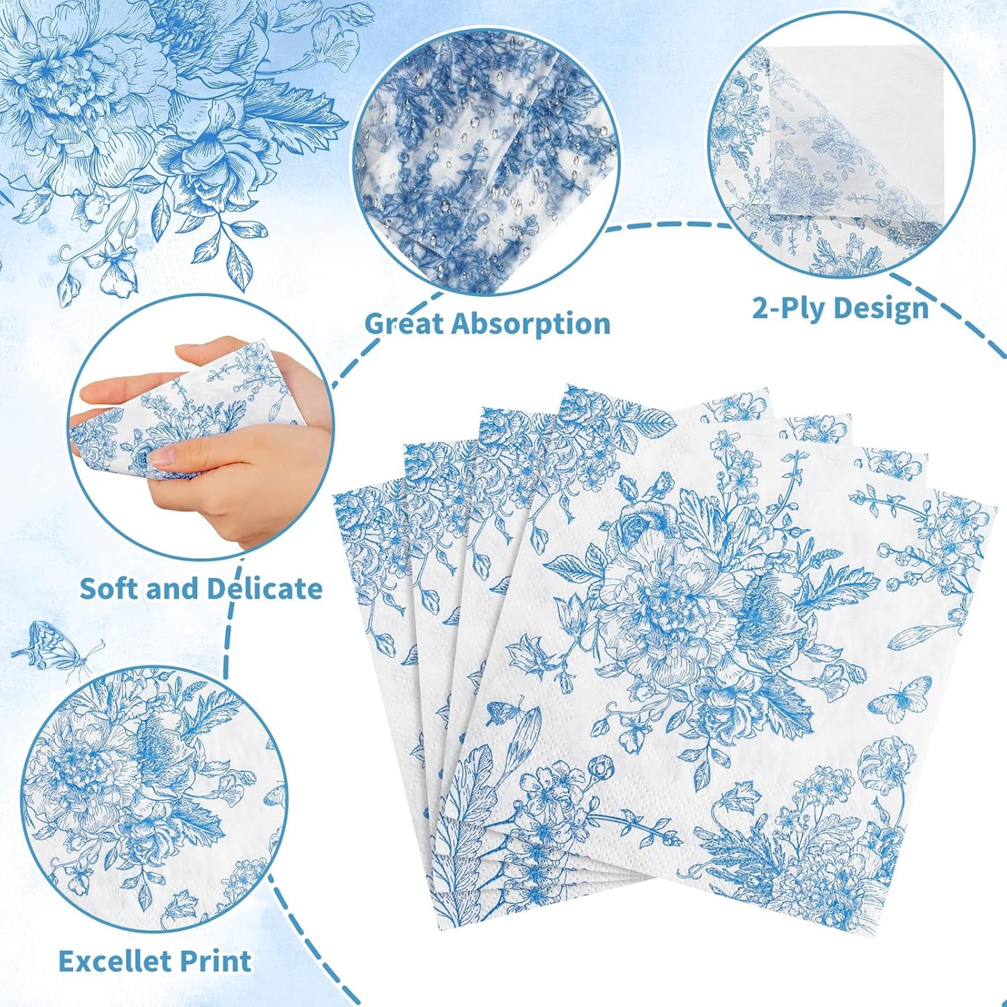 100 Pcs Blue Floral Napkins, Blue and White Decoupage Napkins Vintage Flower Butterfly Design Toile Napkin Cute Decorative Coastal Napkin for Wedding, Bridal Baby Shower,Tea Party, 5 x 5 Inch