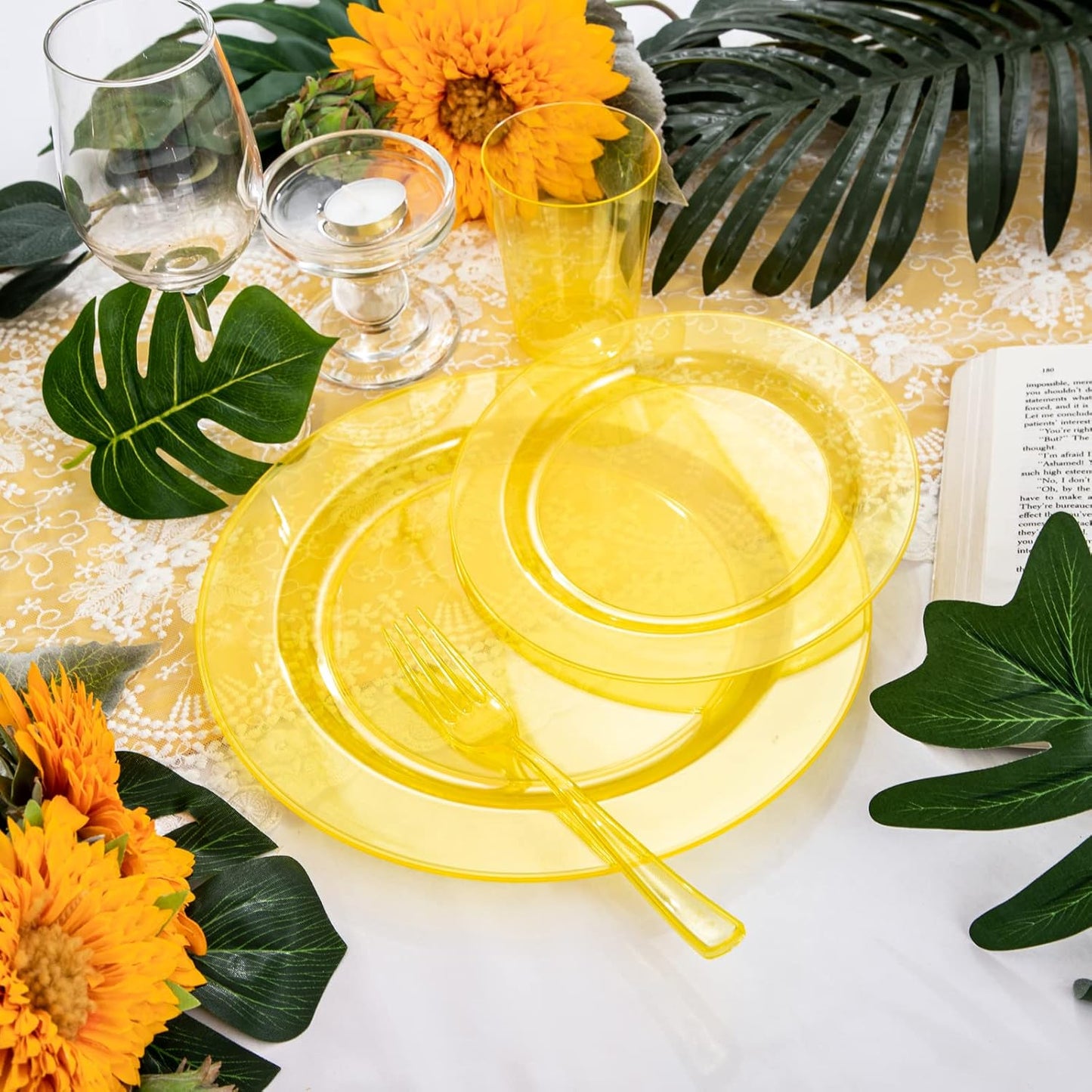 WDF 25 Guest Yellow Plastic Plates -50 Neon Clear Yellow Plates 25Forks, 25Knives,25 Spoons,25Cups for Summer