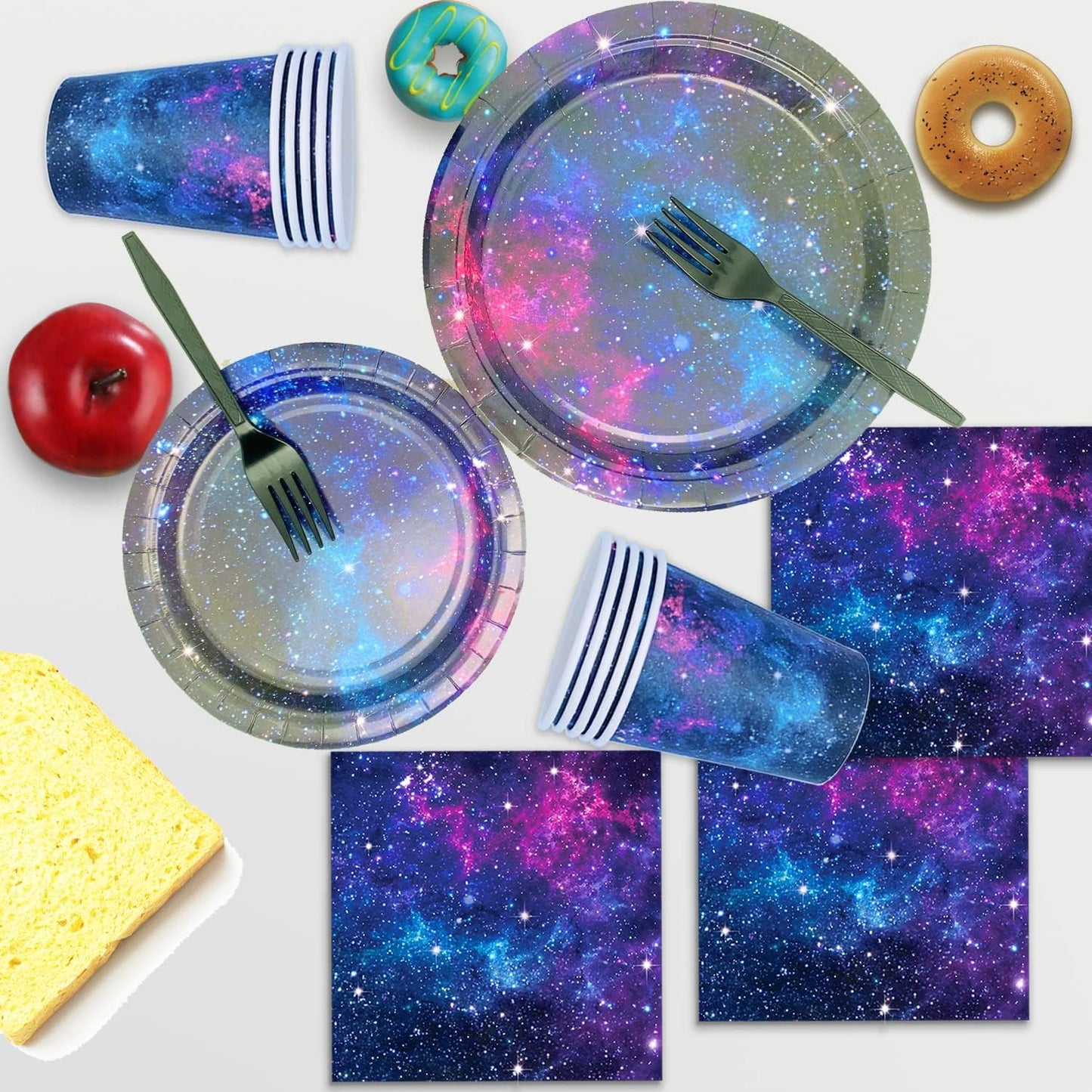 Space Galaxy Party Supplies Tableware Set Outer Space Theme Birthday Party Decoration Starry Night Solar System Planet Plates Napkins Forks Cups for 24 Guests