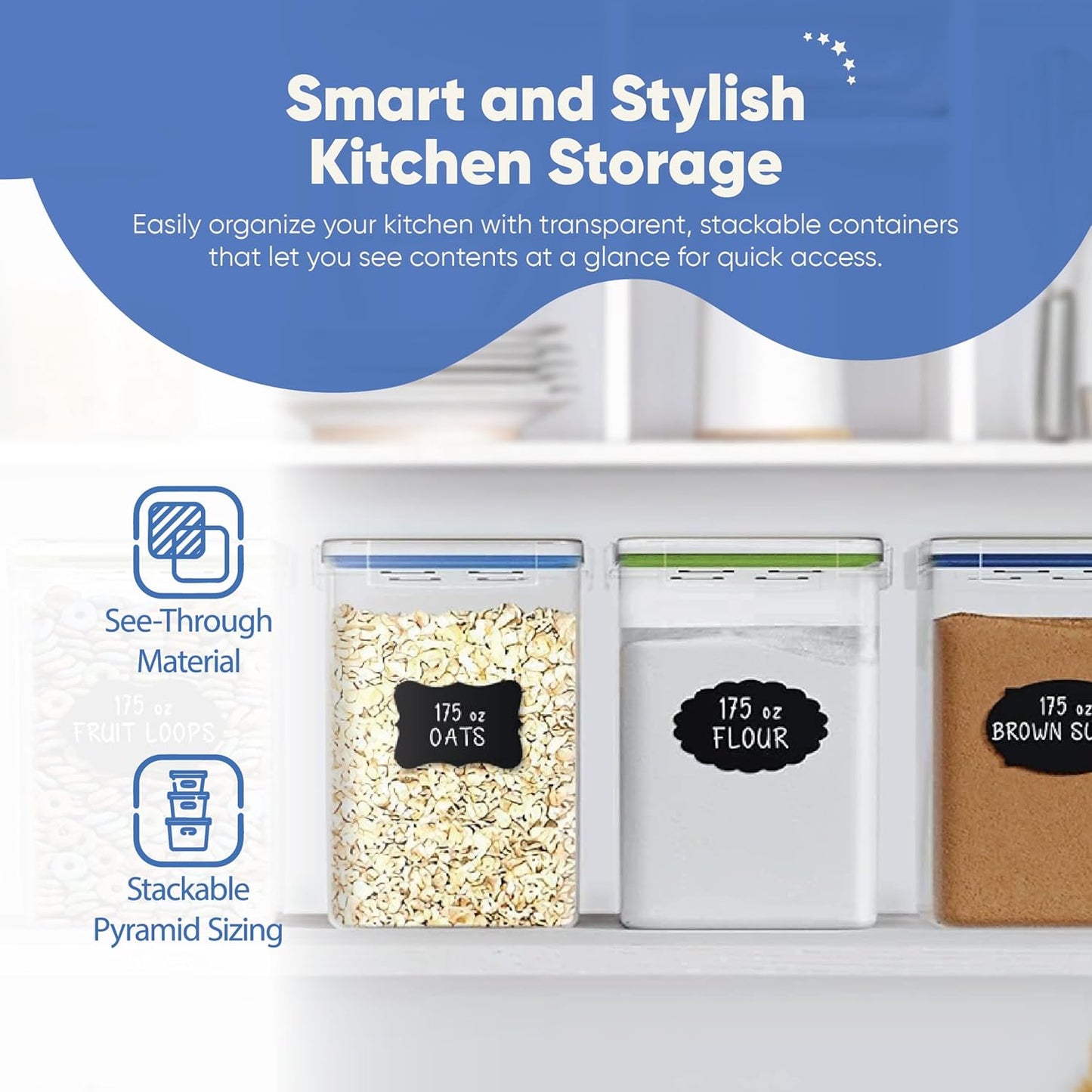 Chef's Path Large Airtight Food Storage Containers with Lids, Pack of 2, 5.2L, 175Oz, Airtight Kitchen and Pantry Bulk Canisters for Flour, Sugar, Rice, and Baking Supplies - Transparent