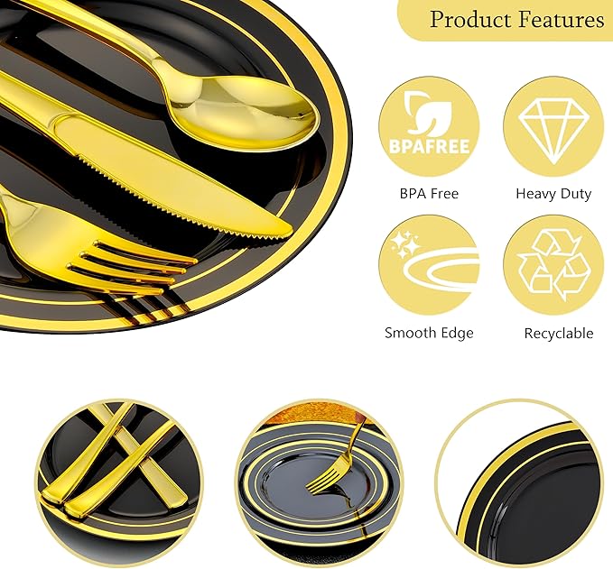350 PCS Black and Gold Dinnerware Set for 50 Guests, Black Disposable Plates with Gold Rim for Party Wedding-50 Dinner Plates, Dessert Plates, Silverware Set,Napkins and Cups
