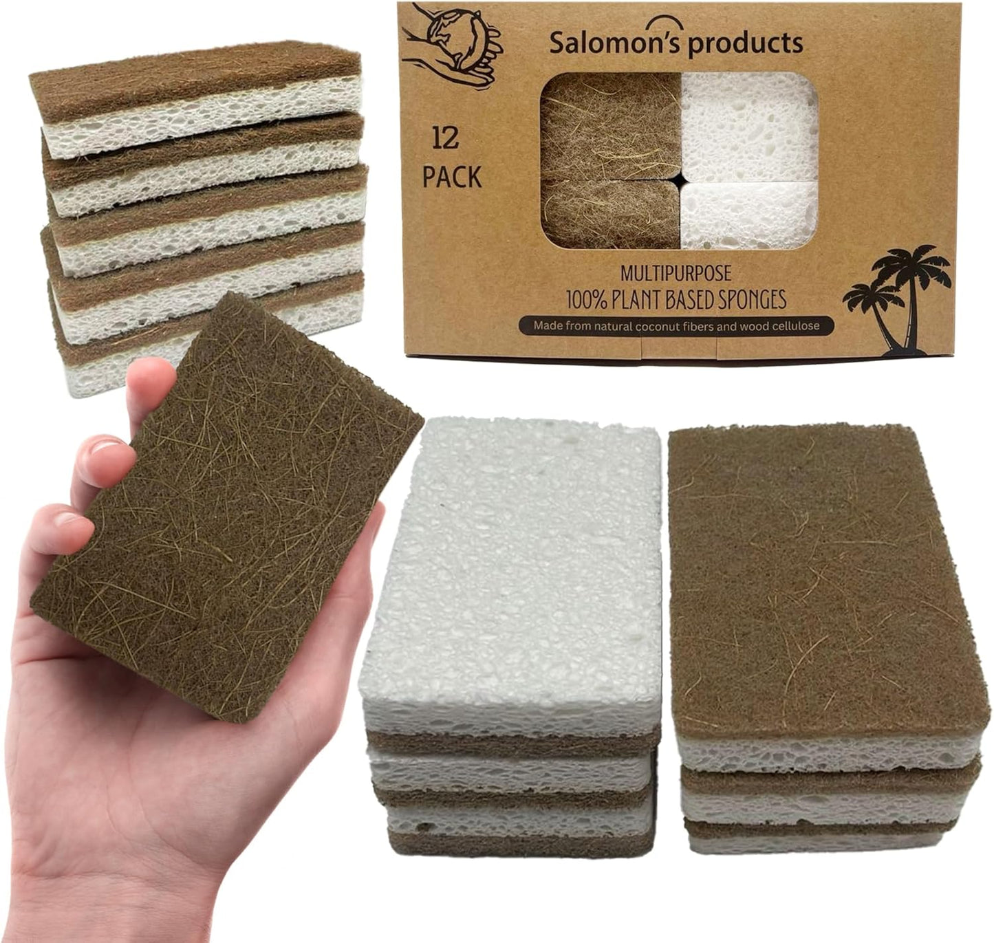 12 Pack Natural Kitchen Sponges - Biodegradable, Compostable, Sustainable Wood Cellulose & Coconut Fiber Sponge for Dishes, Quick Drying & Non Scratch Plant Based Eco Friendly Scrubber for Dishwashing