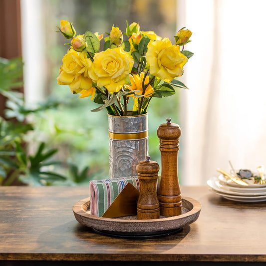 Turntable Rustic Wooden Serving Tray: Hanobe Round Wood Decorative Vintage Centerpiece Candle Holder Trays Farmhouse Ottoman Tray with Turn Table for Kitchen Countertop Coffee Table