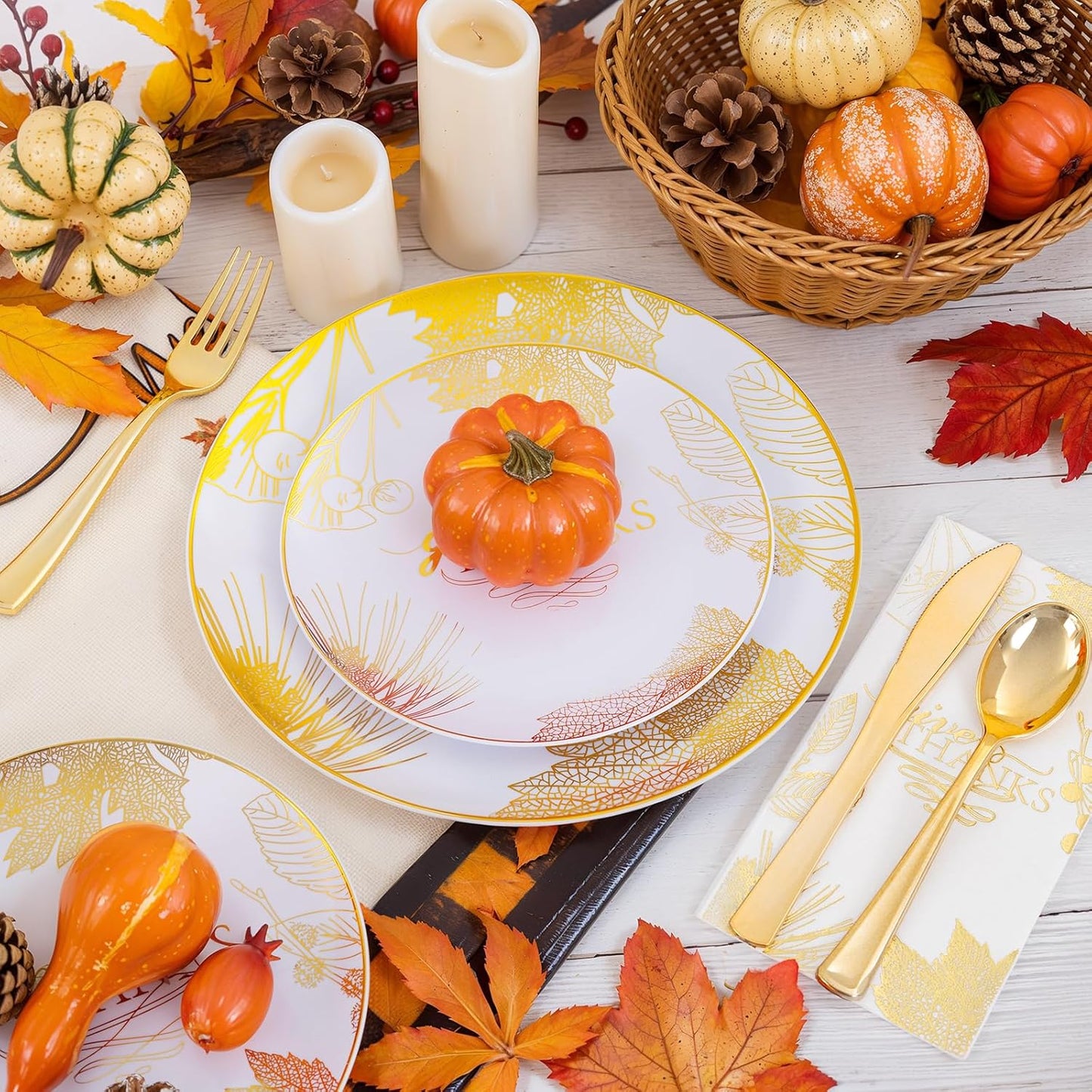 125PCS Thanksgiving Plastic Plates - Gold Disposable Dinnerware Sets - Thanksgiving Maple leaf Plates with Silverware for 25 Guests for Autumn Harvest Party Decor