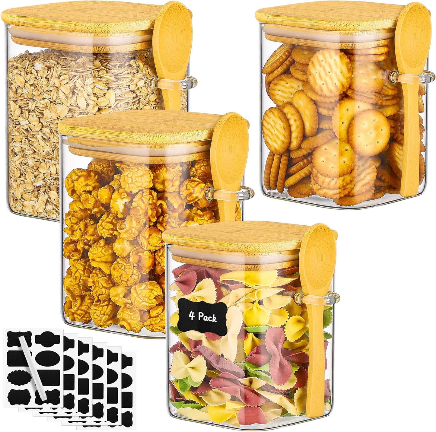 Glass Jars with Airtight Lid - 4 Pack 28 Fl.oz Square Glass Jar with Bamboo Lids and Spoon, Includes Labels and Marker, Flour Sugar Storage Containers for Cereal, Tea, Snacks, Pantry Canister