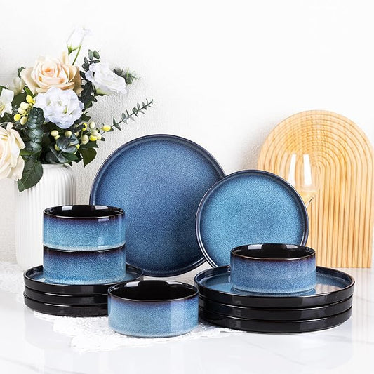 LERATIO Ceramic Dinnerware Sets for 4,Round Reactive Glaze Ceramic Plates and Bowls Set,Highly Chip and Crack Resistant | Dishwasher & Microwave Safe Dishes Set,Service for 4 (12pc)-Blue