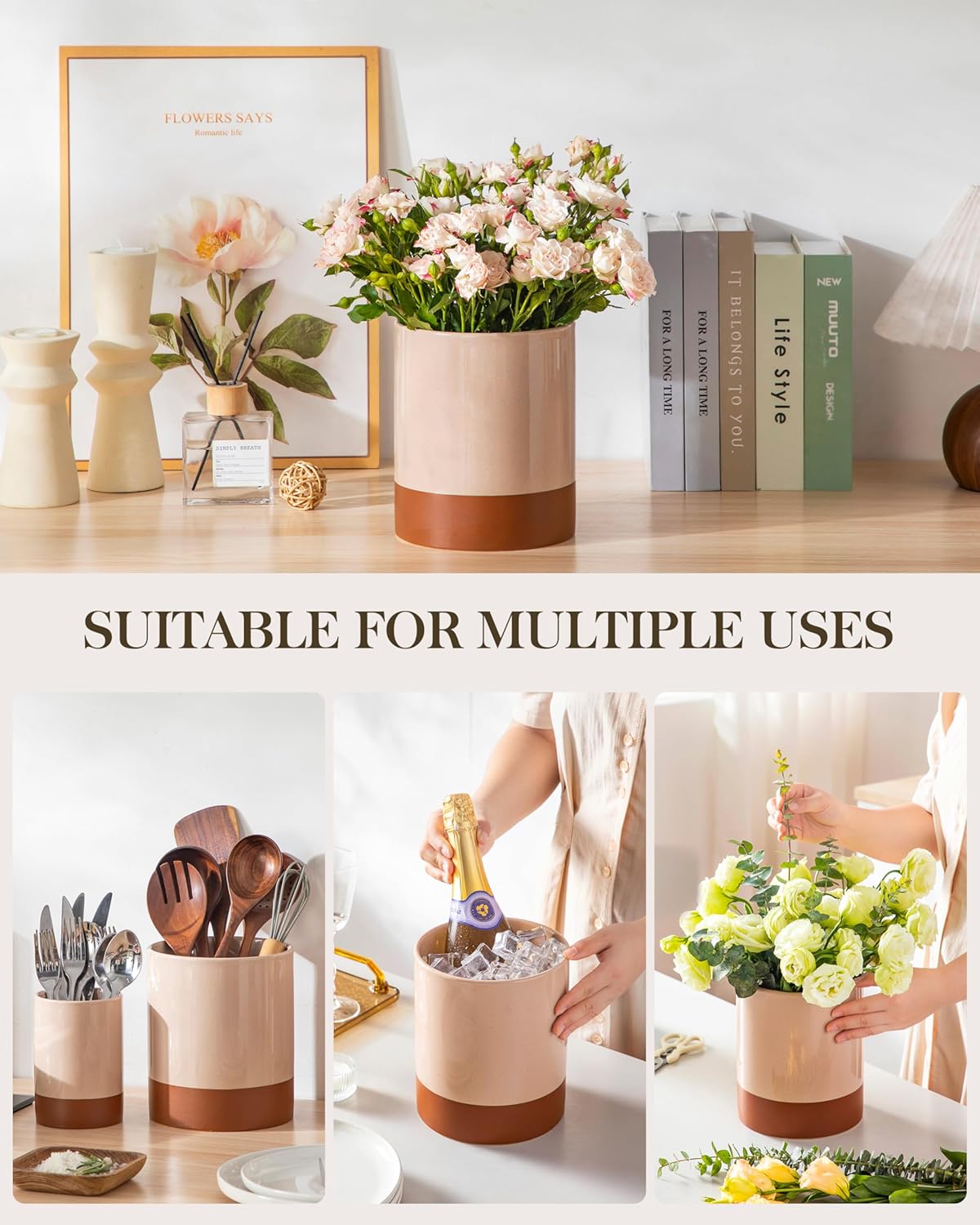 MALACASA Utensil Holder, 7.3"+5.5" Ceramic Kitchen Utensil Holder for Countertop, Large Cooking Utensil Crocks for Kitchen Counter, Farmhouse Utensils Organizer, Set of 2, Khaki Pink, Series TARA