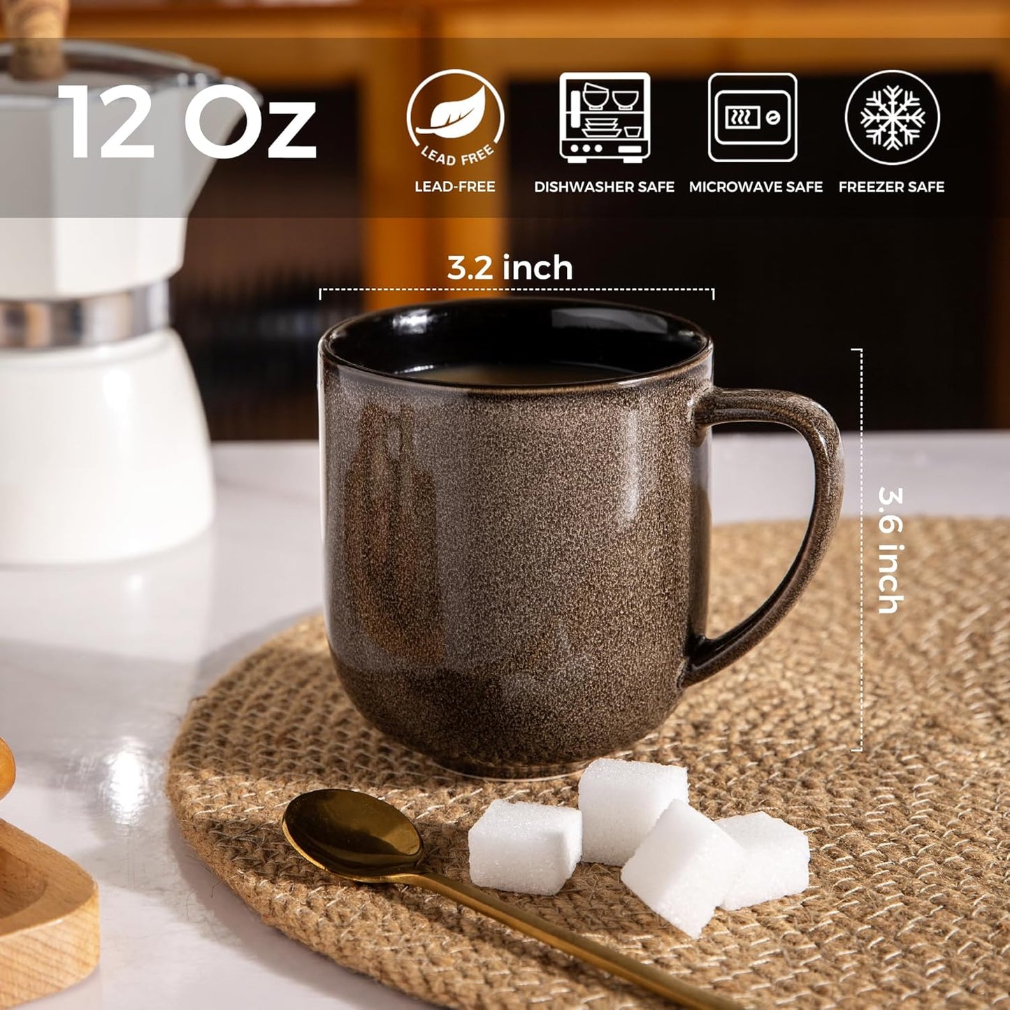 LERATIO 12OZ Ceramic Coffee Mugs Set of 6, Large Porcelain Coffee Cups With Large Handle For Latte,Cappuccino,Milk,Cocoa,|Dishwasher&Microwave Safe Mug Sets,Ideal for Man,Woman,Dad, Mom-Coffee