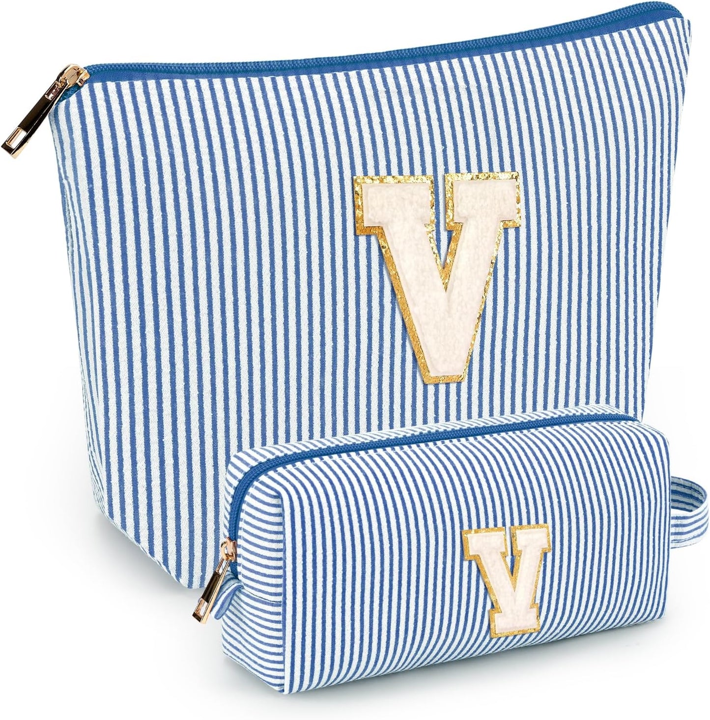 2 PCS Initial Makeup Bags for Women: Cosmetic Bag for Travel Toiletry - Birthday Gifts for 11 12 13 14 15 16 17 18 Years Old Girl Graduation Teacher Gift- Teen Girl Gifts Trendy Stuff - Blue V