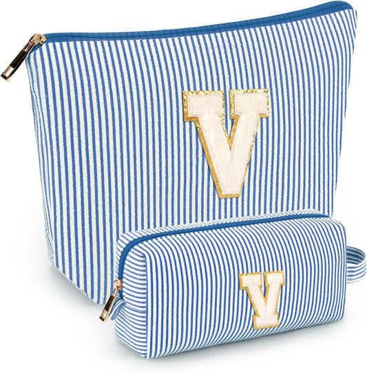 2 PCS Initial Makeup Bags for Women: Cosmetic Bag for Travel Toiletry - Birthday Gifts for 11 12 13 14 15 16 17 18 Years Old Girl Graduation Teacher Gift- Teen Girl Gifts Trendy Stuff - Blue V