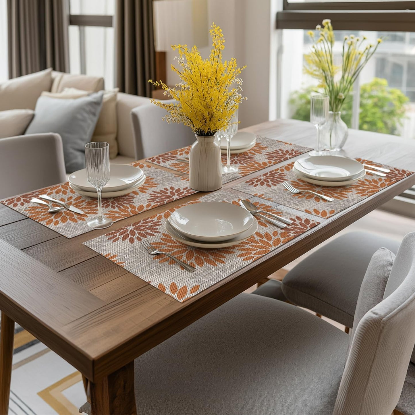 Artoid Mode Floral Vinyl Fall Placemats Set of 4, 12x18 Inch Thanksgiving Vintage Washable Non-Slip Plastic Place Mats for Party Kitchen Dining Decor, Orange