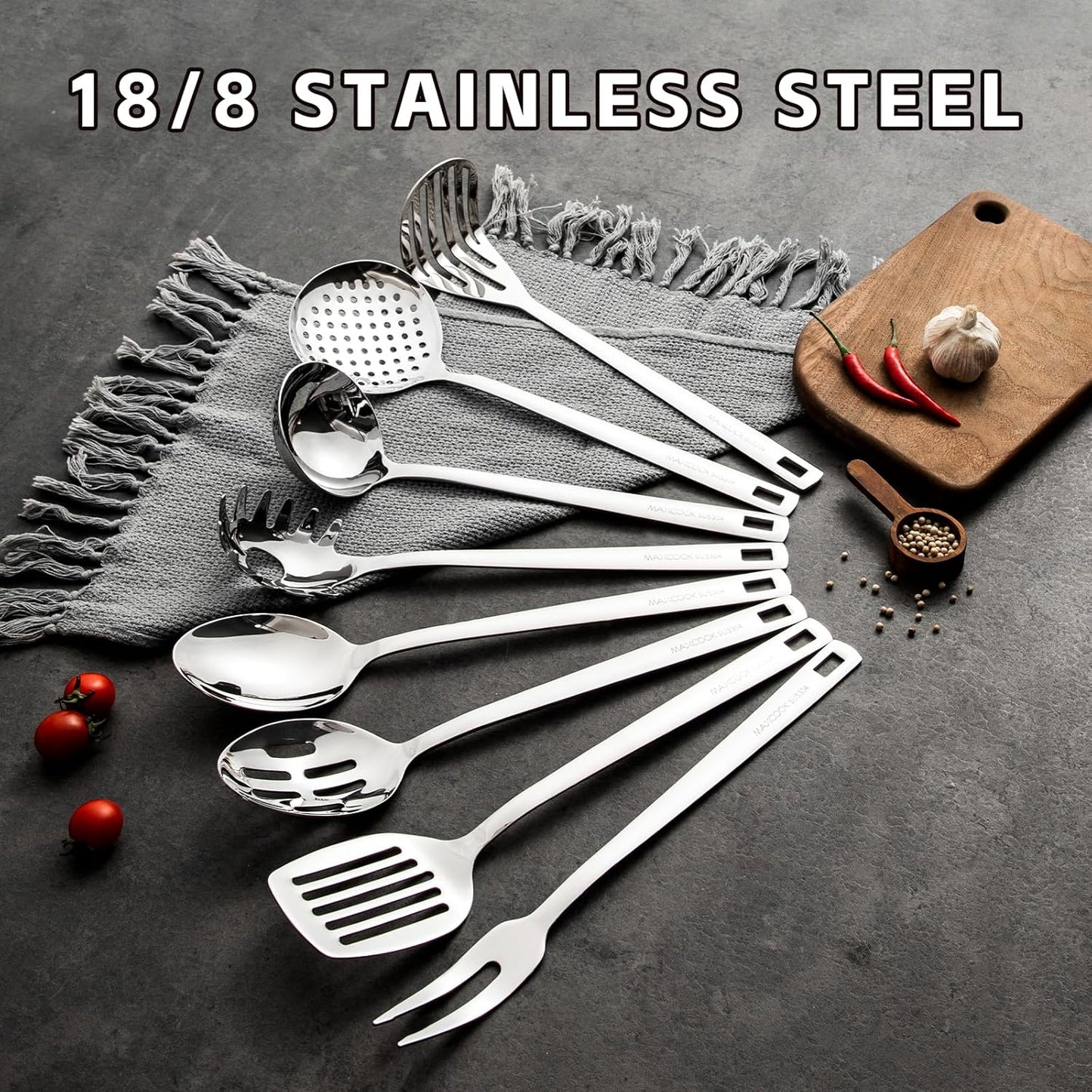 18/8 Stainless Steel Cooking Utensil set, 8 Pieces Metal Kitchen Utensils set, Slotted Spoon,Meat Fork,Ladle,Skimmer,Spatula,Spaghetti Server,Large Spoon,Masher (Dishwasher Safe, Silver)