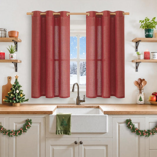 YoungsTex Red Linen Curtains 45 Inch Length for Kitchen Window, Short Light Filtering Drapes with Bronze Grommet Privacy Christmas Decor for Bathroom Living Room Window, 42 x 45 Inch, 2 Panels