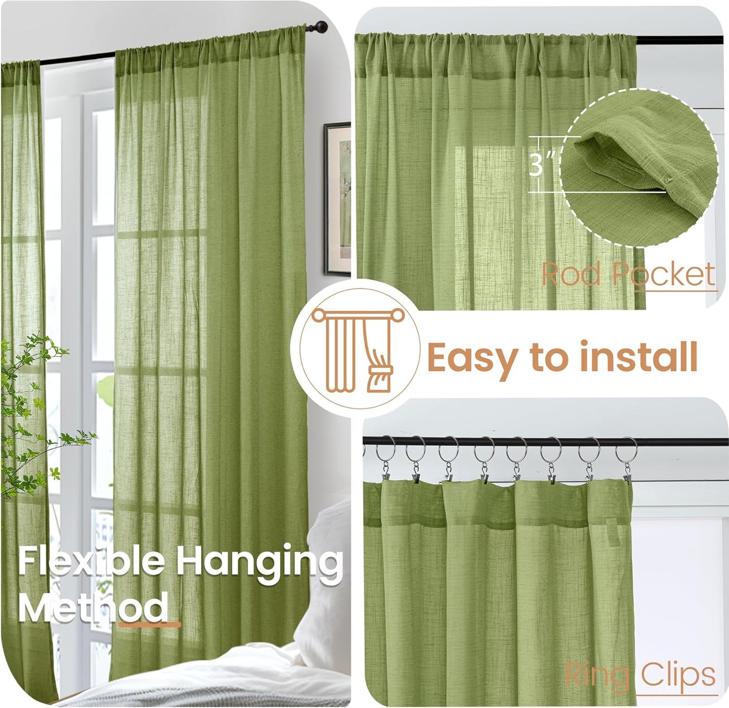 BGment 54 Inch Length Green Curtains for Short Living Room Windows - Natural Linen Drapes Rod Pocket Light Filtering for Dining Room Kitchen Country Lightweight Semi Sheer, 2 Panels Set, 42 X 54 Inch