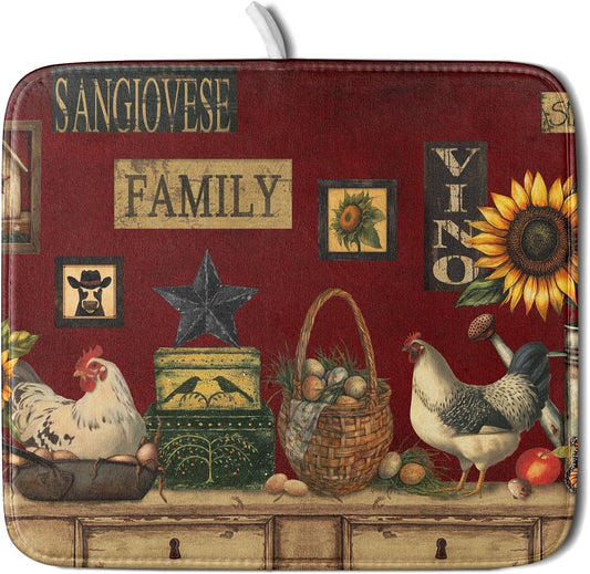 Vintage Rooster Dish Drying Mats 16x18 Inch,Farmhouse Country Hen Chicken Sunflower Microfiber Absorbent Quick-Dry Drainer Rack Sink Protector Pad for Kitchen Counter Decor