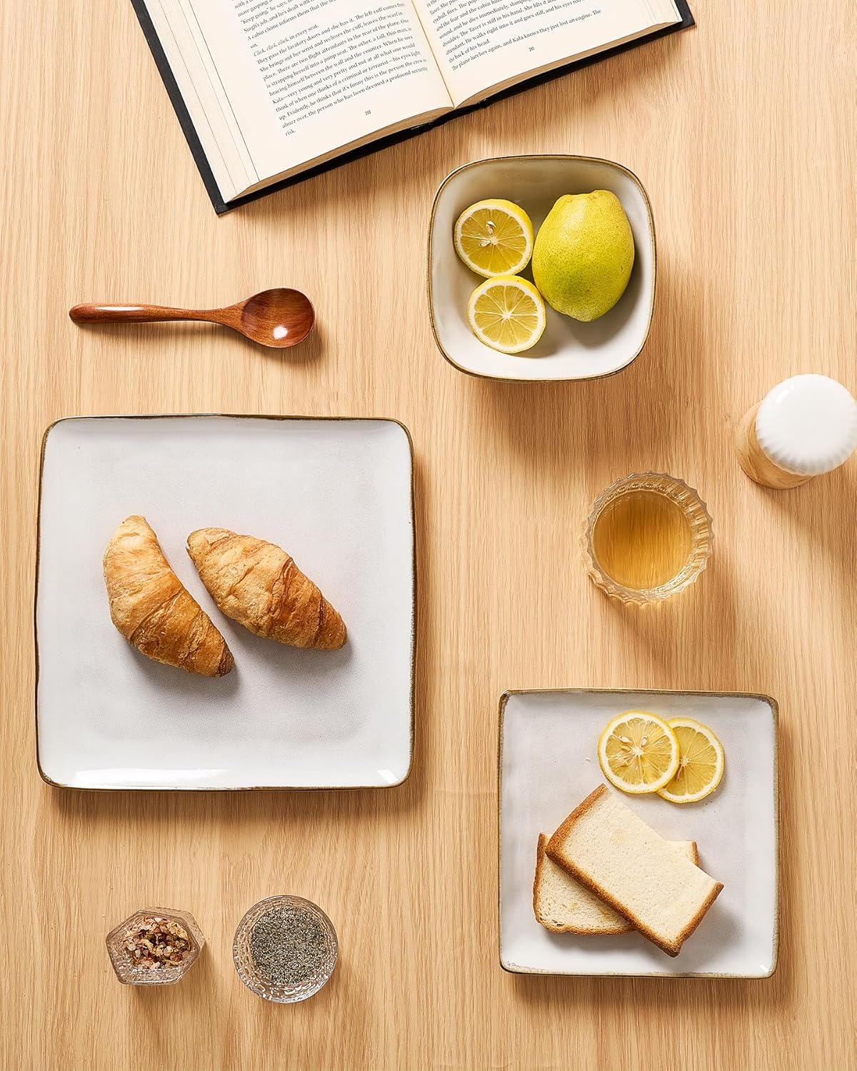 Famiware Ocean Square Plates and Bowls Set, 18 Pieces Dinnerware Sets, Dishes Set for 6, Microwave and Dishwasher Safe, Scratch Resistant, Cappuccino White