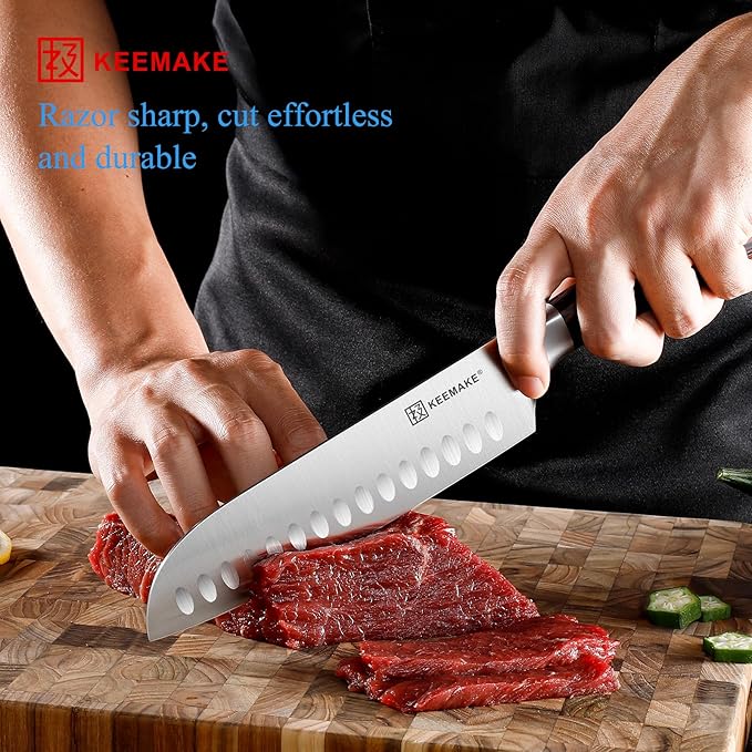 KEEMAKE Chef Santoku Knife - 7 Inch Ultra Sharp Kitchen Knife with Stainless Steel Blade for Cooking Meat Fruit Vegetable with Ergonomic Pakkawood Handle and Gift Box Included