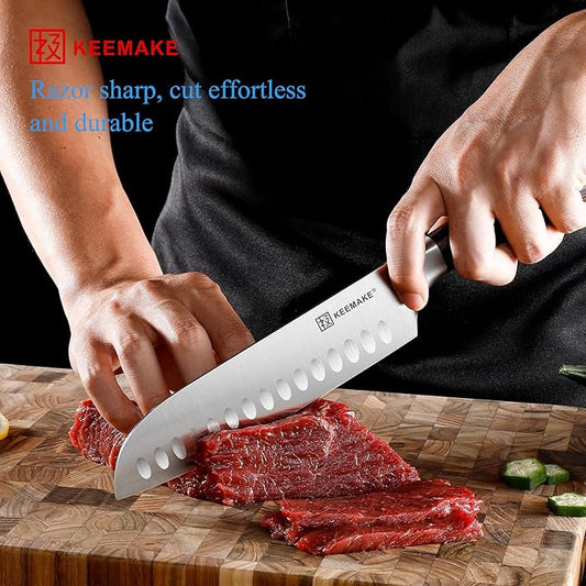 KEEMAKE Chef Santoku Knife - 7 Inch Ultra Sharp Kitchen Knife with Stainless Steel Blade for Cooking Meat Fruit Vegetable with Ergonomic Pakkawood Handle and Gift Box Included