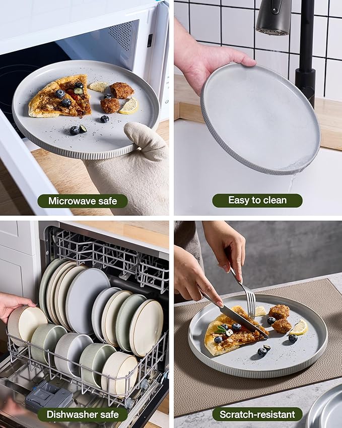 Famiware Star Dinnerware Set, Plates and Bowls Sets for 8 (24pcs), Ribbed Stoneware Dishes - Chip & Scratch Resistant, Microwave & Dishwasher Safe, Matte Gray