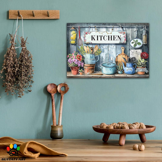 GUTTATY Kitchen Pictures Wall Decor, Farmhouse Wall Art Colorful Flowers and Various Spoons Painting for Dinning Room Restaurant Decor, Mother's Day Gift for Grandma Mom Hanging Artwork 12×18 Inch