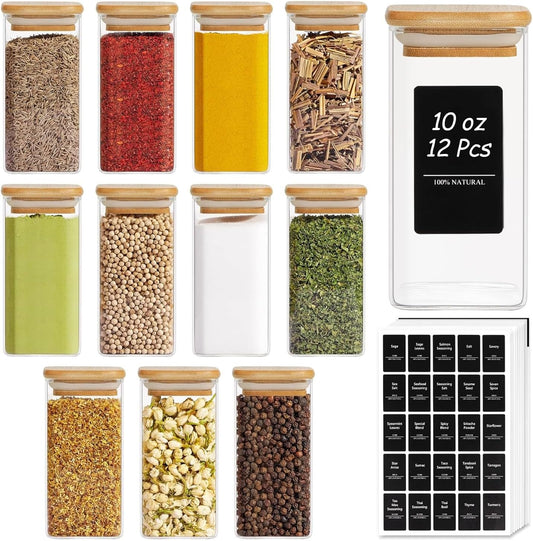ComSaf 12Pcs Glass Spice Jars with Bamboo Lid, 10oz Airtight Square Containers with 275 Black Lables, Empty Seasoning Jars for Spice Salt Sugar