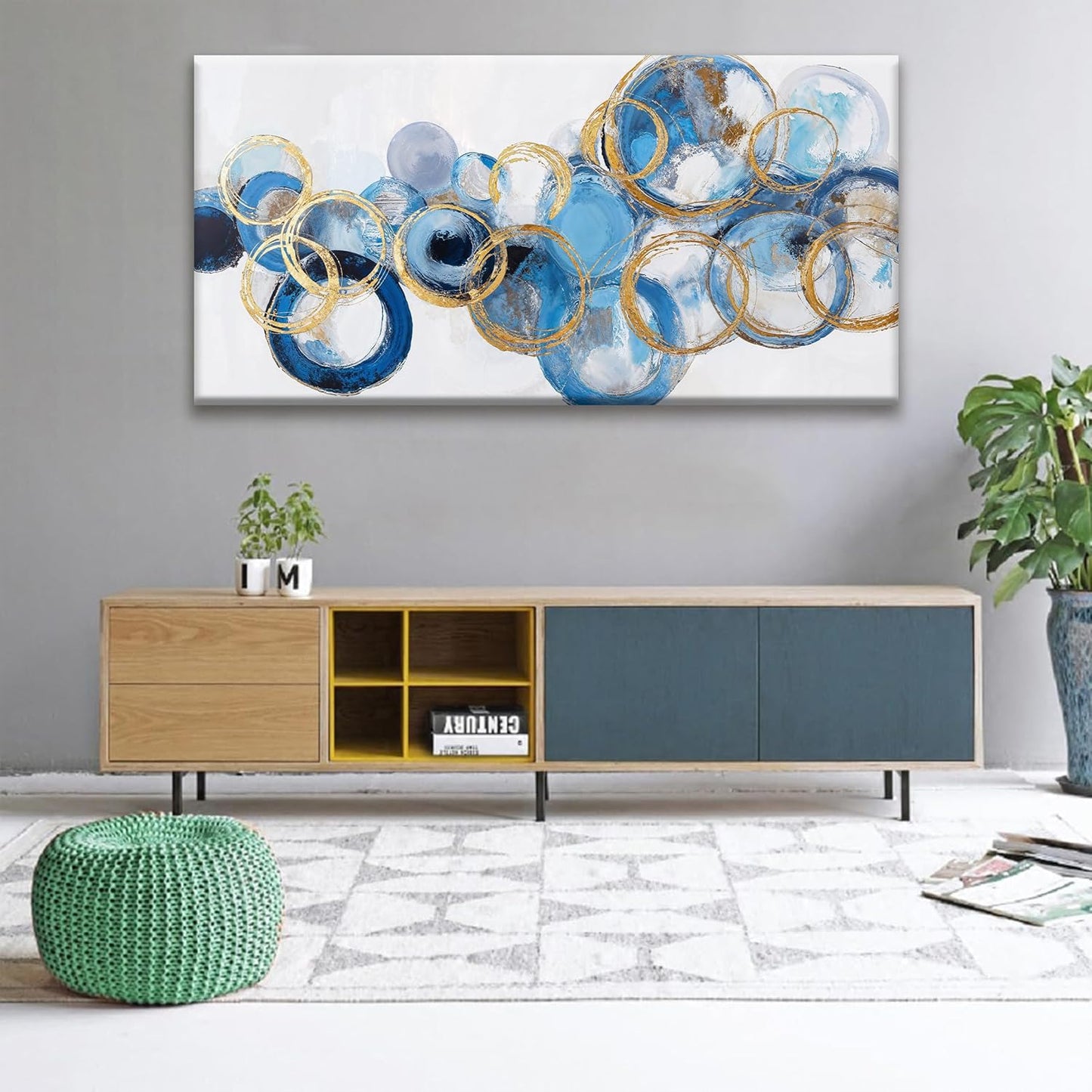 Suconvng Large Abstract Wall Art For Living Room Modern Canvas Decorations Maximalist Blue Gold Circle Canvas Wall Art Decor Prints Artwork Bedroom Kitchen Office Home Wall Artwork 29" × 58"