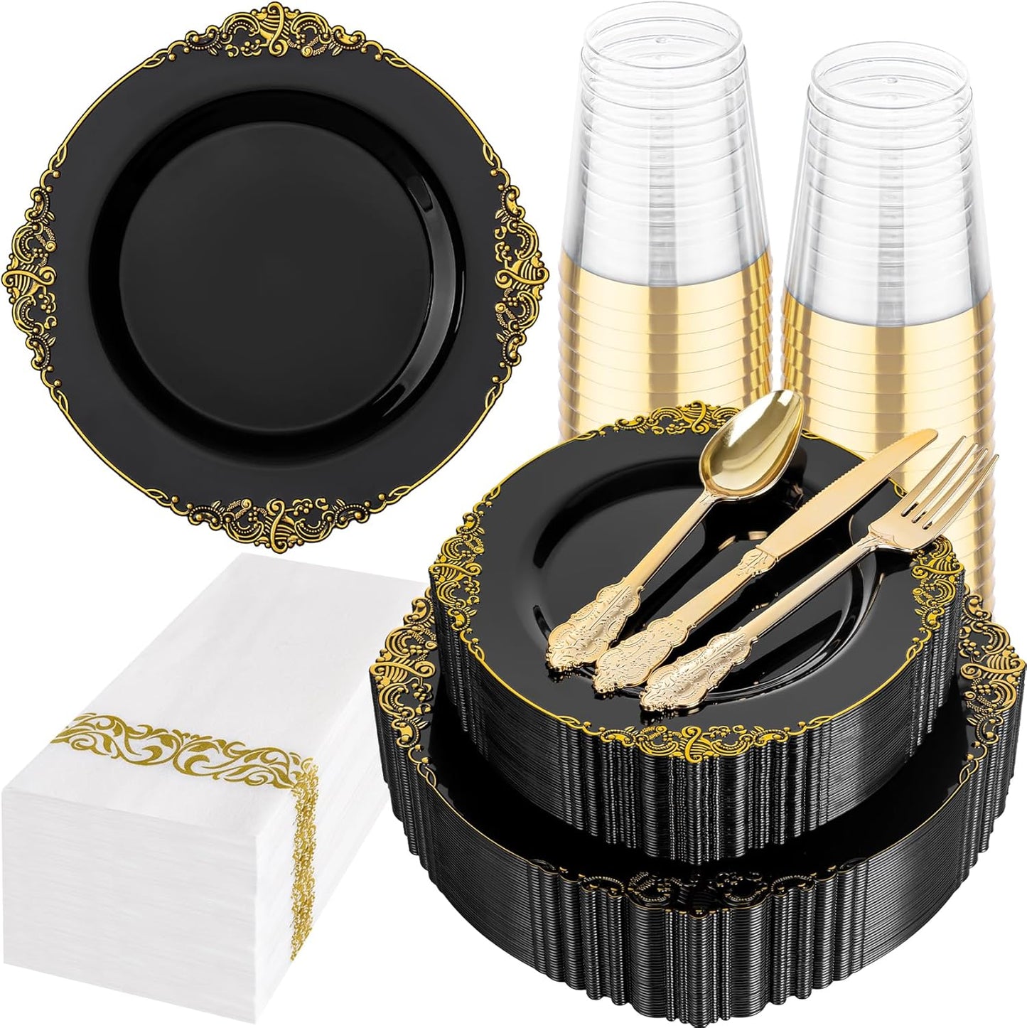 Hioasis 175pcs Black and Gold Plastic Plates - Elegant Disposable Dinnerware Set Suitable for 25 Guests Include 10.25" Dinner & 7.5" Dessert Plates, Cutlery, Napkins, Cups for Party & Halloween