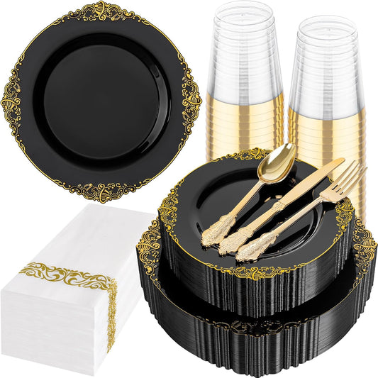 Hioasis 175pcs Black and Gold Plastic Plates - Elegant Disposable Dinnerware Set Suitable for 25 Guests Include 10.25" Dinner & 7.5" Dessert Plates, Cutlery, Napkins, Cups for Party & Halloween