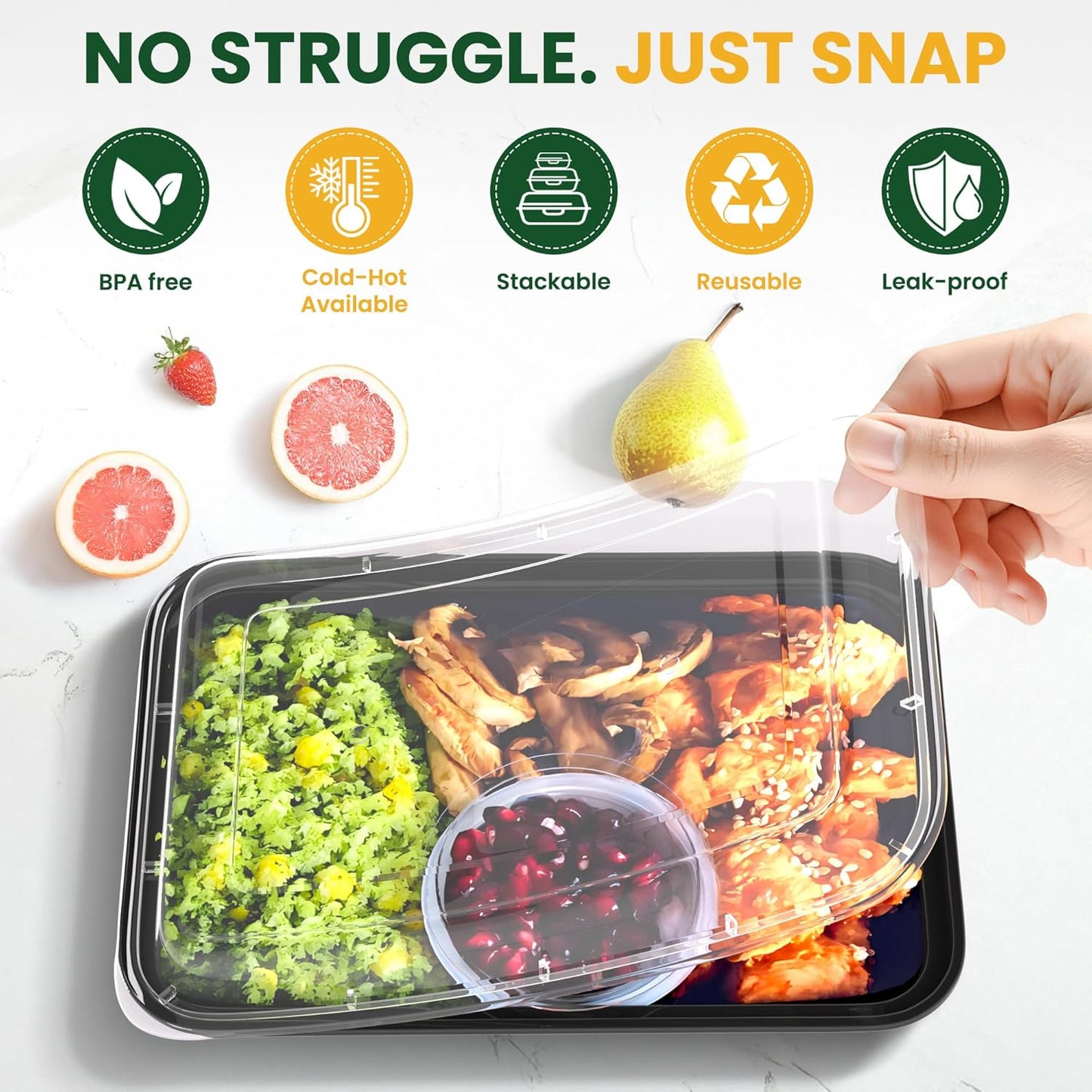 28oz Meal Prep Containers [50-Pack], Reusable Bento Box with Easy-Snap Leakproof Lids - Microwave, Dishwasher & Freezer Safe Food Storage, BPA-Free Plastic Lunch Containers (Black)