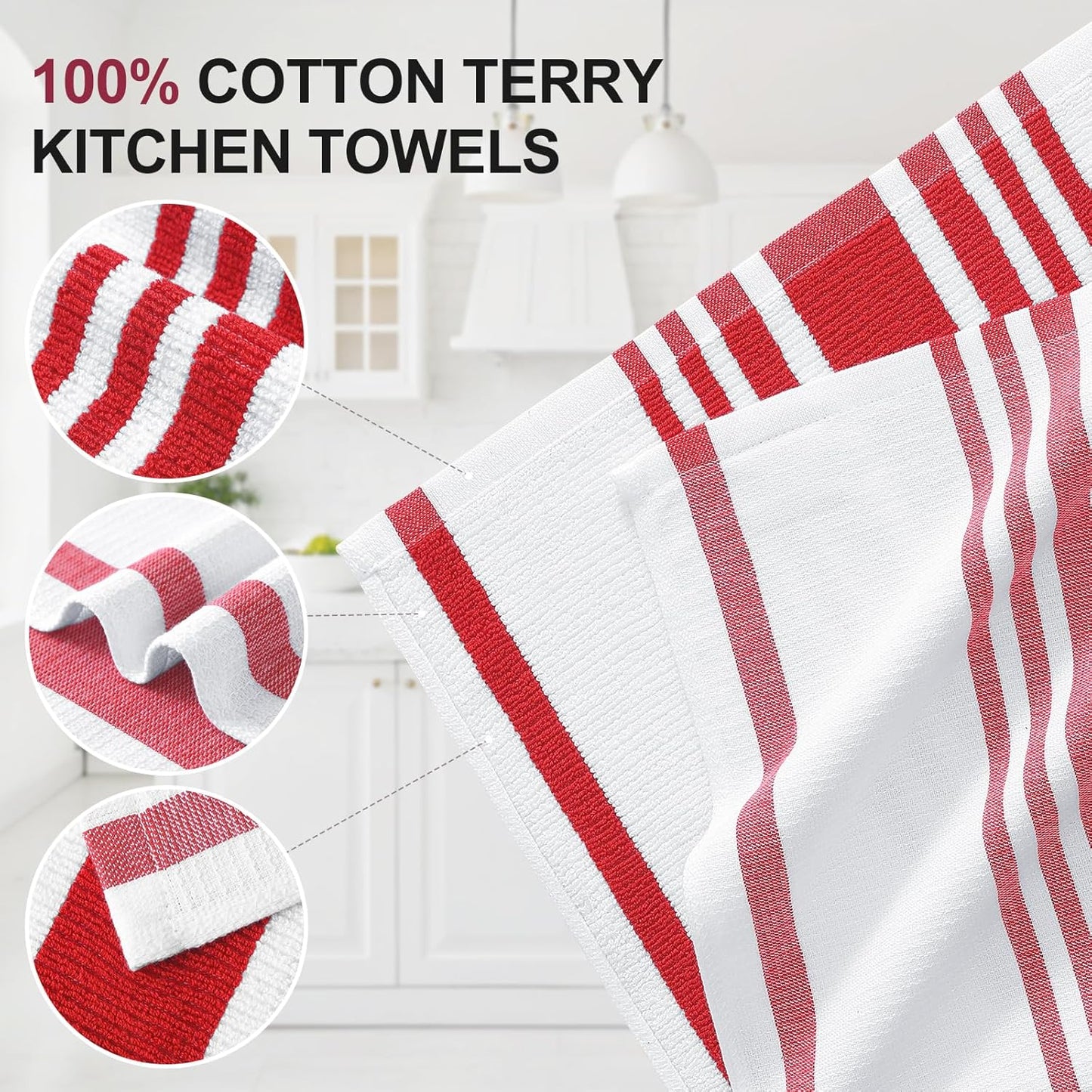 Homaxy Premium Kitchen Towels 18”x 28”, Large Cotton 380 GSM Kitchen Hand Towels, Stripe and Terry Dish Towel, Highly Absorbent Tea Towel Set with Hanging Loop, 8 Pack, Red