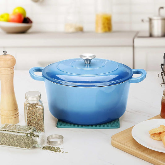 Herogo 6 QT Enameled Cast Iron Round Dutch Oven Pot with Dual Handles, Lid & Silicone Trivet Mat, for Bread Baking Stewing Roasting, Nonstick & Easy Cleanup, Safe for Various Stovetops-Blue