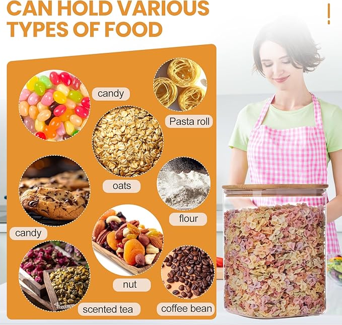 Liuruiyu 2-Pack Square Glass Food Storage Jars, 108oz (3.37 QT) – Airtight Clear Glass Canisters with Bamboo Lids for Kitchen Organization, Tea, Coffee, Flour, Sugar, Candy, Cookies, and Spices