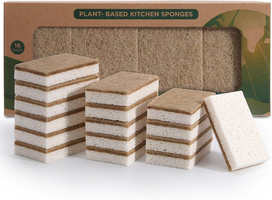 Natural Dish Sponges 16 Pack - Biodegradable Sponge Kitchen Compostable Cellulose Coconut Scrubber - No Scratch Cleaning Sponges