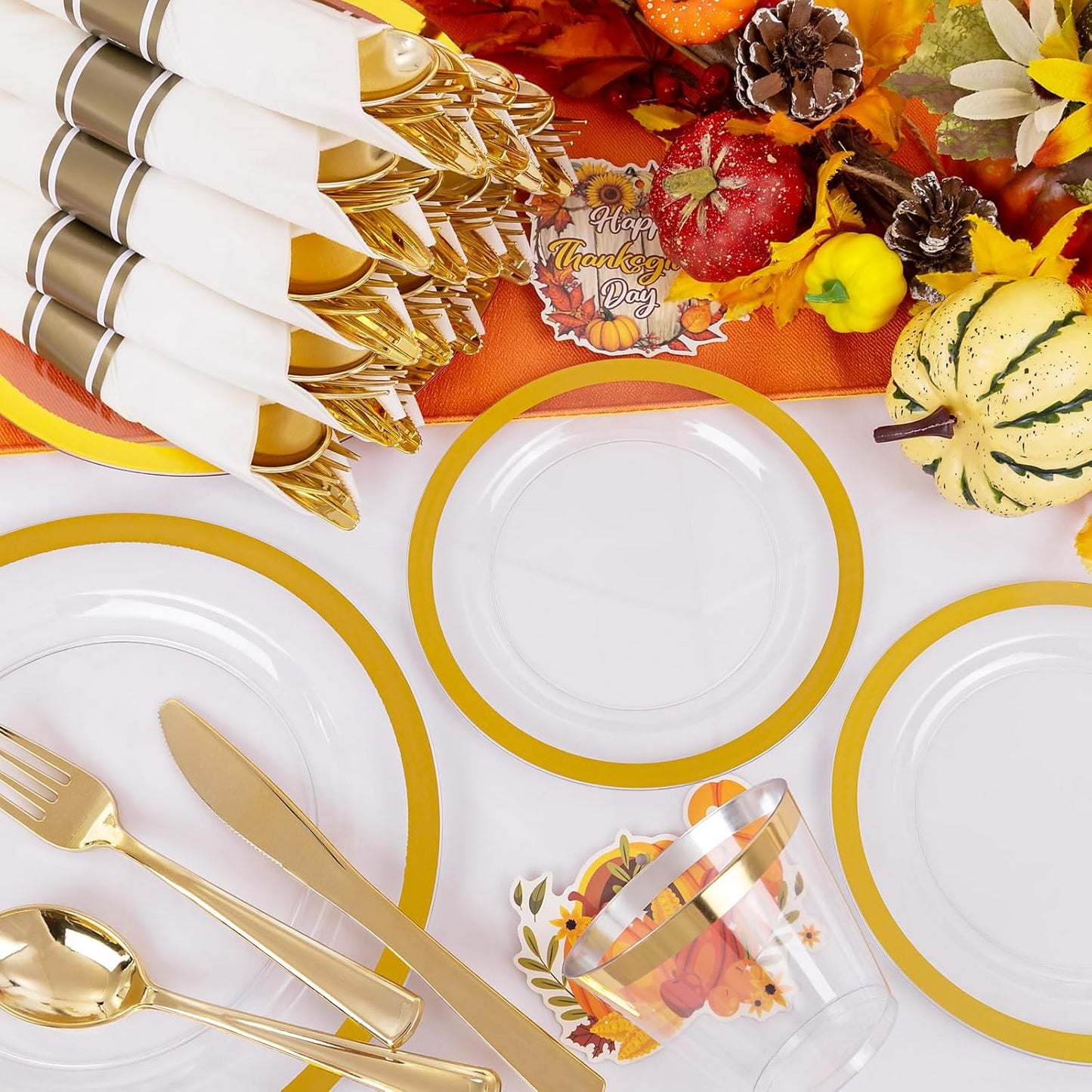 Liacere 350PCS Clear Gold Plastic Plates for 50 Guests Dinnerware Include 100 disposable Plates 150 Gold Silverware 50Napkins for Party&Wedding&Thanksgiving&Fall Decor