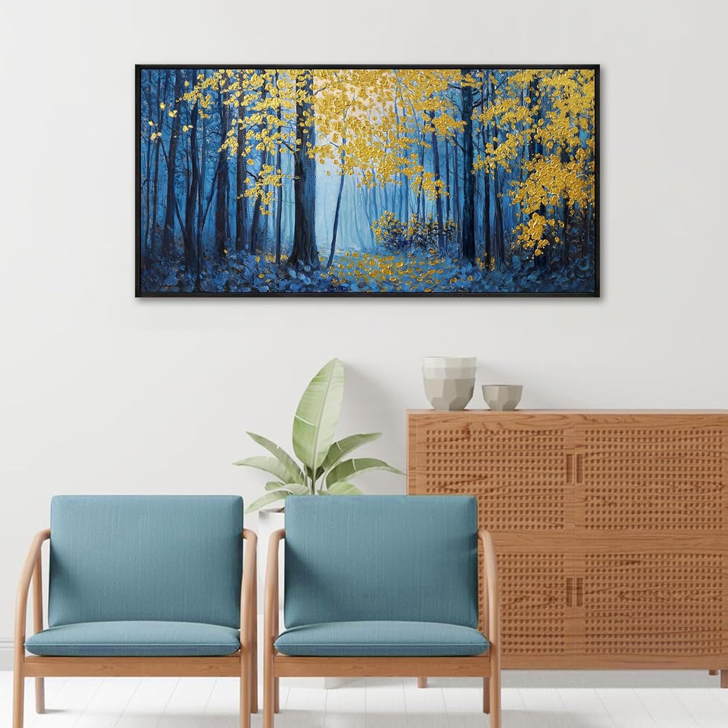 KLAKLA Blue and Gold Tree Wall Art - Birch Tree Forest Painting Pictures Framed Artwork for Living Room Bedroom Office Canvas Print Art Gorgeous Landscape Wall Art Home Decoration - 40x20 Inches