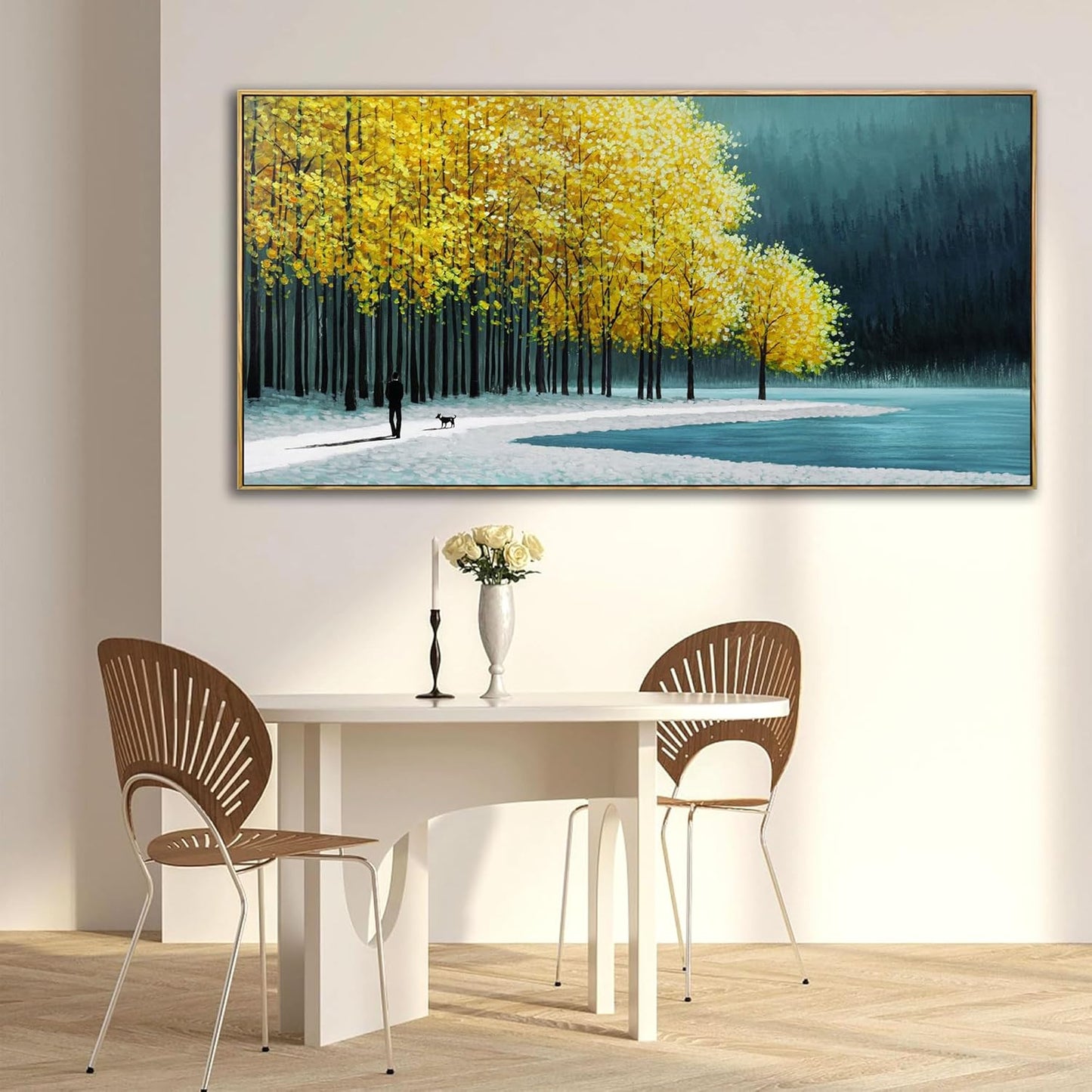 KLAKLA Large Wall Art - Yellow Bedroom Birch Tree Valley Snowy Forest Wild Lakes Landscape Canvas Pictures Wall Decoration for Living Room Office Home Decor - 58x29 Inches