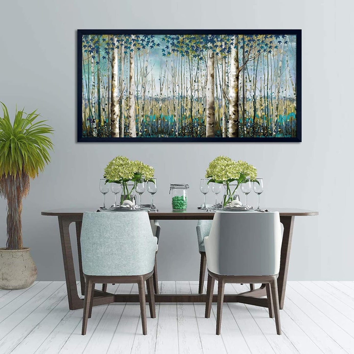 Pogusmavi Large Framed Birch Tree Canvas Wall Art Nature Painting for Home Decor | Teal Artwork for Living Room, Bedroom, and Office Pictures for Living Room 29×58IN