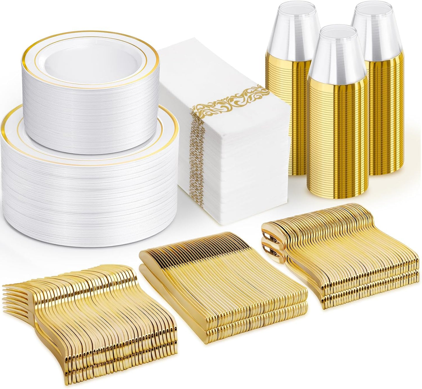 NOCCUR 700PCS Gold Disposable Dinnerware Set for 100 Guests - Include 200 Gold Dinner/Dessert Plates, 100 Napkins, 100 Cups, 300 Plastic Silverware for Wedding/Party/Thanksgiving