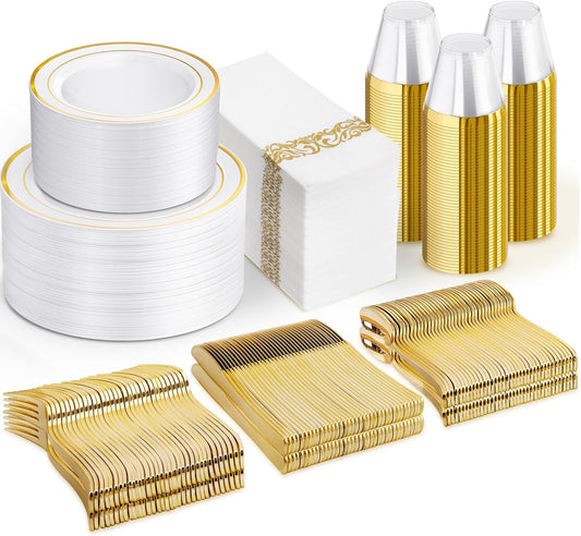NOCCUR 700PCS Gold Disposable Dinnerware Set for 100 Guests - Include 200 Gold Dinner/Dessert Plates, 100 Napkins, 100 Cups, 300 Plastic Silverware for Wedding/Party/Thanksgiving