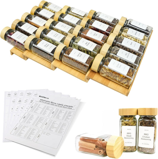 Spice Drawer Organizer with 20 Bamboo-lidded Spice Jars,216 Labels,25 Non-slip Rubber, Bamboo 4 Tier Seasoning Rack Tray Insert for Kitchen Drawers,Cabinets,Countertop,11" Wide x 15.8" Deep