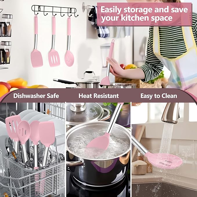 P&P CHEF Pink Kitchen Cooking Utensil Set of 4, Silicone Solid Spatulas Slotted Spoons Turners for Non-stick Cookware Flipping Mixing, Heat-proof