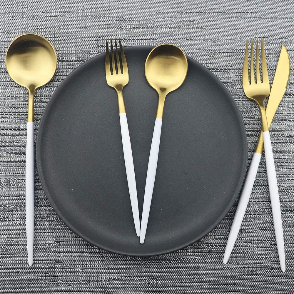 JASHII Luxury Wthie Gold Flatware, Silverware Sets, 5-piece Elegant Cute 18/10 Stainless Steel Silverware Set for Eating Home Kitchen Hotel Restaurant, Service Sets for 1 People, Dishwasher Safe